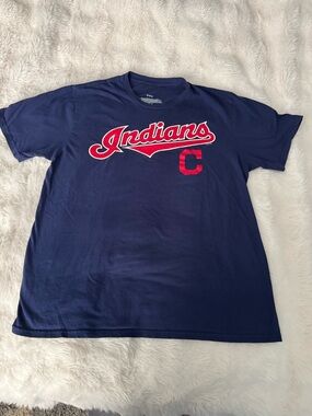 Cleveland Indians Navy Logo Tee with Red Script *Rare*